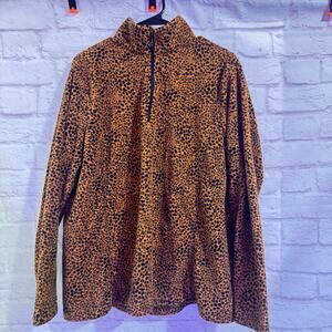 Land’s End Quarter Zip Burnt Orange and Brown Cheetah Fleece pullover Sz XL 18